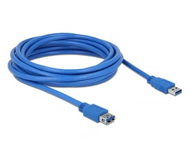 Blåt DeLock USB 3.0-forlængerkabel på 5 meter med Type-A-hanstik og Type-A-hunstik, oprullet.