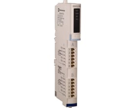 Schneider Electric Modicon STB-modul med 2 digitale indgange og 24VDC, vist fra siden med mærkninger og terminaler tydeligt synlige.