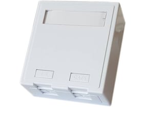 EFB Elektronik office boks med 2 porte til dataudtag i hvid plast, vist med CAT6 mærkning og plads til keystone konnektorer.