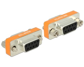 Delock D-Sub 9 pin hun > hun null modem gender changer adapter med orange mærkning og synlige skruer og møtrikker.