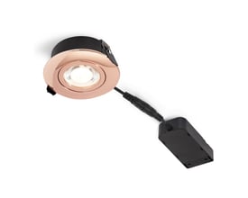 Nordtronic Low Profile Flexible G2 indbygningsspot i kobber med sort kant og tilhørende driver, isoleret på hvid baggrund.