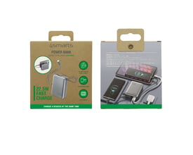 Emballagen til 4smarts Pocket Dual Cord powerbank med illustrationer af den spacegrey model og dens kabler.
