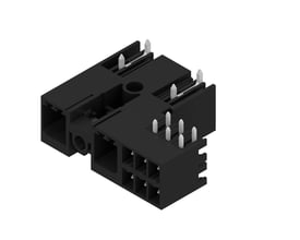 Weidmüller hybrid connector til printmontering med sort stikdel og synlige metalben, set skråt ovenfra.