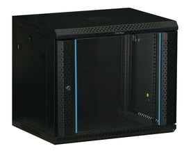 Sort Toten 19-tommers vægskab med glasdør, 9U og målene 600 x 450 mm, set skråt forfra.