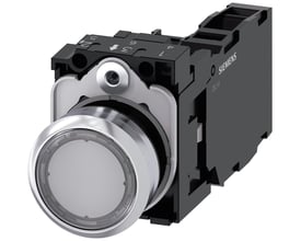 Siemens rund, høj, klar, metal trykknap med 1NO-1NC kontakter og integreret LED-modul på sort baggrund.