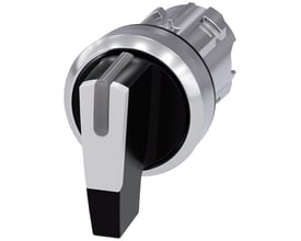 Siemens 22mm rundt omskifter i metal med højglans hvid front og sort betjeningsgreb med markeringsrille.