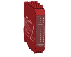 Schneider Electric Modicon XPSMCMDO0016C1G udvidelsesmodul med 16 status outputs og tydelige LED-indikatorer på den røde front.