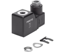 Festo solenoid coil MSG-24DC i sort plast med hvid tekst, inkluderer tilbehør som møtrik og pakning.