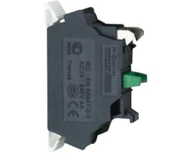 Bagside af Schneider Electric ZBE1015 kontaktelement, viser mærkning og push-in fjederterminaler for nem montering.