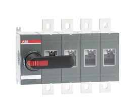 ABB 4-polet lastafbryder på 800A til bundmontage med sort ON-OFF håndtag med rød detalje på grå baggrund.