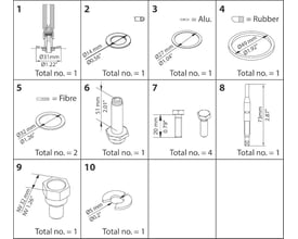 Oversigt over indholdet i Danfoss vedligeholdelsessæt til EVRAT 15 og EVRST 15, vist med illustrationer af hver komponent og dens dimensioner.