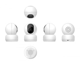 Woox Smart PTZ kamera set fra forskellige vinkler, inklusiv front, sider, top og bund.