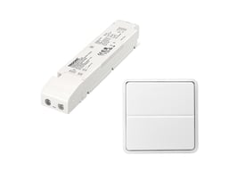 Jumitech trådløs LED-driver LC60W/24V BDV SC og et parret 2-tryk til 24V LED-systemer på hvid baggrund.