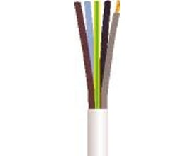 Hvidt H05VV-F-plastkabel på 50 meter med 5G2,5 mm², vist med afisoleret ende og fem farvede ledere.