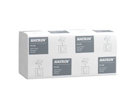 Emballagen til Katrin Plus 35311 med hvide, 2-lags V-fold håndklædeark ses fra siden.
