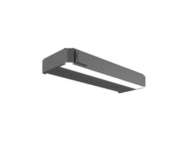 Svedbergs LED-belysning i granitgrå, set skråt nedefra med den lange hvide lysflade synlig.