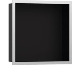 Hansgrohe XtraStoris Individual vægniche 300x300x100 mm med børstet stålramme og mat sort indsats, klar til indbygning i badeværelset.