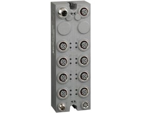 Schneider Electric Modicon TM7 I/O udvidelsesmodul med 16DI, 24VDC og M12 stik, vist på grå baggrund.