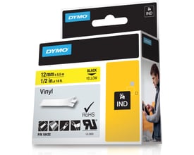 Emballagen til Dymo Rhino Professional vinyltape viser gul tape med sort tekst samt angivelsen 12 mm og 5,5 meter.