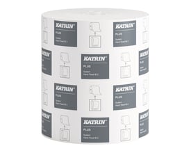 Hvid Katrin Plus M2 håndklæderulle, model 58167, med Katrin-mærkning og dispenserillustrationer på papiret.