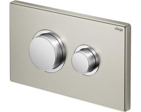 Viega Prevista Visign for Public 11 WC-betjeningsplade i børstet rustfrit stål med to runde trykknapper til dobbeltskyl.