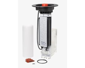 Louis Poulsen Bysted LED-DAC Retro komponenter, herunder en hvid cylindrisk diffuser, rød topdel og grå tekniske dele.