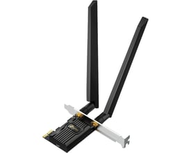 TP-LINK Archer TXE72E AXE5400 Tri-Band Wi-Fi 6E PCI Express adapter med to sorte antenner på hvid baggrund.