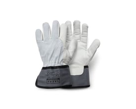 Work Ultra arbejdshandsker i størrelse 8 af kromgarvet okselæder med hvide fingre og grå manchet med logo. Handskerne ligger på en hvid baggrund.