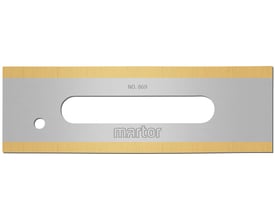 MARTOR INDUSTRIAL BLADE 869-klinge til dybe snit, vist forfra med lang åbning, rundt hul og gyldne kanter.