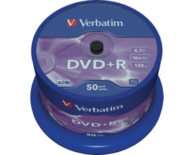 Verbatim DVD+R-medier med AZO i blå og lilla spindelemballage, mærket med 4,7 GB, 16x skrivehastighed og 120 minutter.