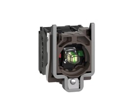Schneider Electric lampetrykskrop med integreret grøn LED og 1NO/1NC kontakter, klar til montering.