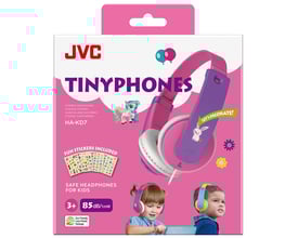 JVC TinyPhones HA-KD7 hovedtelefoner i pink og lilla til børn, med illustrationer og klistermærker inkluderet.