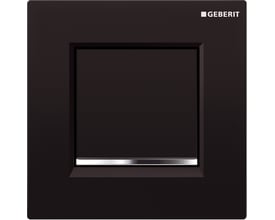 Geberit Sigma 30 urinalstyring i sort med en smal kromfarvet trykknap nederst, vist forfra.