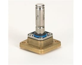 Nærbillede af Danfoss EV250B reservedelsætets monterede hovedkomponent med messingbase og rustfri cylinder.