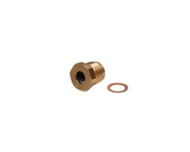 Danfoss VB2 pakdåse i messing med gevind og en kobber pakring ved siden af på hvid baggrund.