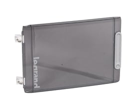 Legrand XL3 tavledør i transparent grå plast med vendbar hængsel og låsemulighed, IP40- og IK09-certificeret.