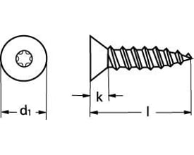 Teknisk tegning af syrefast A4 pladeskrue, 3,9x16 mm, med undersænket hoved og torx-kærv.