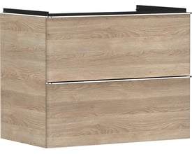 Hansgrohe Xelu Q vaskeskab med 2 skuffer i naturlig eg-finish, væghængt design med diskrete grebslister.
