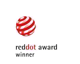 Red Dot Award vinderlogo med en rød og hvid kugle og teksten 'reddot award winner' i sort.