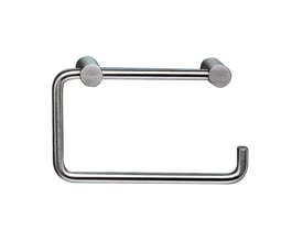 En enkelt Vola T12-BP toiletpapirholder i børstet krom præsenteret isoleret mod en ren hvid baggrund.