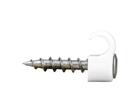 Hvid skrueclips fra Schneider Electric, model TCS-X-C3 til runde kabler på 7-10 mm, vist fra siden med skruen vandret.