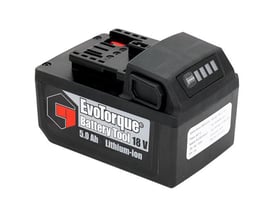 Sort Norbar 18 V-batteri til EBT-maskiner set skråt forfra med EvoTorque-mærkning og ladeindikator.