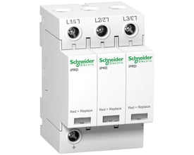 Schneider Electric A9 iPRD 20 overspændingsafleder, 350V, 3P, monteret på DIN-skinne med mærkninger for L1, L2 og L3.