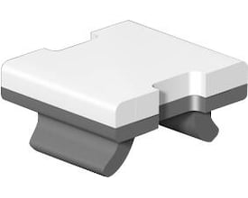 Weidmüller Dekafix DEK 5/5 MM WS klemmemærke i hvid, 5x5 mm, med clip-in montering på grå plastfødder, isoleret på hvid baggrund.