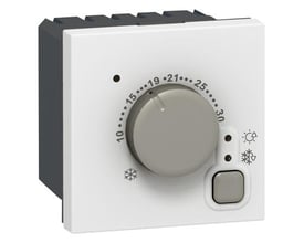Legrand Mosaic termostat i hvid med drejeknap til temperaturjustering fra 10-30 grader, 2 modul størrelse.