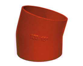 SML bøjning i støbejern med 83 mm diameter og 15 graders vinkel, vist i en levende rød farve.