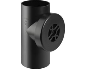 Geberit renserør i sort PEH med 110 mm diameter og 90 graders vinkel, vist med dæksel.