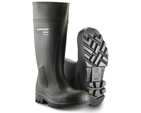 Grøn Dunlop Purofort PU-sikkerhedsstøvle, model 462933 i størrelse 43, vist forfra og med den mønstrede sål.