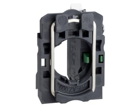 Schneider Electric kontaktkrop, ZB5AZ1015, set bagfra, med synlig grøn push-in mekanisme og fjederklemmer. Viser den kompakte plastkonstruktion.