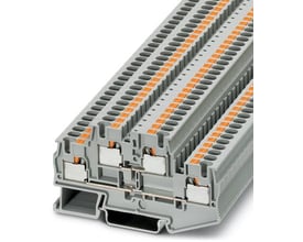 Grå Phoenix Contact etageklemme PTTB 4 set skråt med to niveauer og orange push-in-trykknapper.
